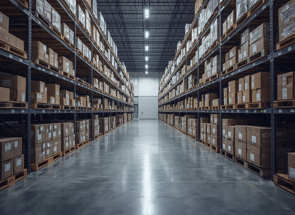 Orderly warehouse aisle with labeled pallets and shipping cartons prepared for order fulfillment